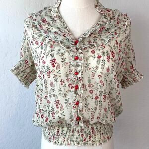 Vintage Y2K Forever 21 Sheer Floral Button Up Blouse size Medium Ruffle Cottage